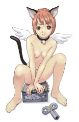 Rule 34 | 1girl, animal ears, barefoot, bell, neck bell, box, breasts, brown eyes, cat ears, cat tail, character request, collar, feet, jingle bell, legs, navel, nipples, nude, orange bullet, red hair, short hair, sitting, small breasts, solo, source request, tail, wings