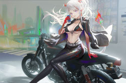Rule 34 | 1girl, absurdres, arknights, bikini, bikini under clothes, black bikini, black choker, black jacket, black pants, breasts, can, choker, city, cleavage, closed mouth, colored skin, coper maileyun, day, dragon girl, dragon horns, dragon tail, earrings, feet out of frame, fiery tail, gradient skin, highres, holding, holding can, horns, jacket, jacket on shoulders, jewelry, large breasts, lips, long hair, motor vehicle, motorcycle, multicolored hair, navel, nian (arknights), outdoors, pants, pointy ears, ponytail, purple eyes, red hair, red skin, sitting, smile, solo, stomach, streaked hair, swimsuit, tail, tight clothes, tight pants, toned, two-tone hair, white hair