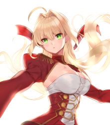 Rule 34 | 1girl, absurdres, ahoge, blonde hair, breasts, cleavage, epaulettes, fate/extra, fate (series), floating hair, gold trim, green eyes, hair intakes, highres, juliet sleeves, long hair, long sleeves, looking at viewer, medium breasts, nero claudius (fate), nero claudius (fate), nero claudius (fate/extra), parted lips, puffy sleeves, shirt, shovelwell, shrug (clothing), simple background, solo, strapless, tube top, underbust, upper body, white background, white shirt