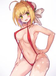 Rule 34 | &gt;:d, 10s, 1girl, :d, ahoge, asarokuji, bad id, bad twitter id, blonde hair, blush, bow, breasts, collarbone, contrapposto, covered erect nipples, fate/extra, fate (series), green eyes, hair bow, hair intakes, hand on own hip, highres, medium breasts, navel, nero claudius (fate), nero claudius (fate) (all), nero claudius (fate/extra), official alternate costume, one-piece swimsuit, open mouth, red one-piece swimsuit, shadow, simple background, slingshot swimsuit, smile, solo, standing, strap gap, swimsuit, v-shaped eyebrows, white background, wreath