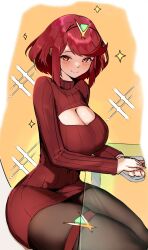 Rule 34 | 1girl, alternate costume, breasts, large breasts, meme attire, monoi daru, open-chest sweater, pyra (xenoblade), red eyes, red hair, ribbed sweater, short hair, solo, sweater, turtleneck, turtleneck sweater, xenoblade chronicles (series), xenoblade chronicles 2