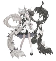Rule 34 | 1girl, apron, black bow, black dress, black footwear, black hair, blue eyes, bow, broom, cerberus, chain, claws, collar, dress, frilled apron, frills, full body, grey hair, grey tail, grin, hair bow, hands up, heterochromia, highres, holding, holding broom, juliet sleeves, long sleeves, looking at viewer, maid, mary janes, medium dress, metal collar, multicolored hair, nail polish, original, pale skin, pigeon-toed, pink eyes, pink nails, pleated dress, prehensile hair, puffy sleeves, sharp teeth, shoes, simple background, sleeve cuffs, slit pupils, smile, socks, solo, split-color hair, standing, tail, teeth, toriseka, twintails, white apron, white background, white bow, white socks, wolf tail
