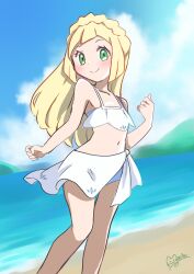 Rule 34 | 1girl, beach, bikini, blonde hair, blunt bangs, blush, closed mouth, cloud, cloudy sky, creatures (company), day, feet out of frame, game freak, green eyes, highres, lillie (pokemon), long hair, looking at viewer, marie (marie cookie222), midriff, navel, nintendo, ocean, pokemon, pokemon (anime), pokemon sm (anime), sky, smile, standing, swimsuit, white bikini