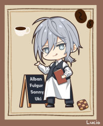 Rule 34 | 1boy, apron, checkerboard cookie, chibi, coffee beans, collared shirt, commentary, cookie, cup, food, fulgur ovid, grey eyes, grey hair, long sleeves, looking at viewer, low ponytail, lucio (lucioooo38), male focus, menu, nijisanji, nijisanji en, shirt, smile, solo, teacup, tongue, tongue out, vest, virtual youtuber, waiter