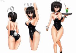 Rule 34 | 10s, 1girl, animal ears, arms up, artist name, ass, black hair, black leotard, bow, bowtie, breasts, brown eyes, cleavage, cowboy shot, detached collar, drink, fake animal ears, highres, kantai collection, kinnan, leotard, medium breasts, multiple views, one eye closed, playboy bunny, rabbit ears, rabbit tail, red bow, red bowtie, sendai (kancolle), short hair, simple background, standing, standing on one leg, strapless, strapless leotard, tail, tray, twintails, two side up, white background, wrist cuffs