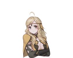 Rule 34 | 1girl, absurdres, ahoge, angry, blonde hair, breasts, bridal gauntlets, ciiby, circlet, closed mouth, crossed arms, fire emblem, fire emblem fates, grey eyes, highres, long hair, looking at viewer, medium breasts, nintendo, ophelia (fire emblem), turtleneck, upper body