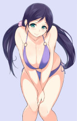 Rule 34 | 10s, 1girl, aqua eyes, between legs, bikini, blue background, blush, breasts, breasts squeezed together, cleavage, curvy, hand between legs, large breasts, leaning forward, long hair, looking at viewer, love live!, love live! school idol project, low twintails, o-ring, o-ring top, plump, purple hair, sasamori tomoe, side-tie bikini bottom, simple background, smile, solo, swimsuit, tojo nozomi, twintails