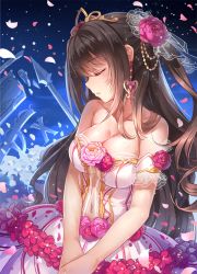 Rule 34 | 10s, 1girl, blush, breasts, brown hair, center opening, cleavage, clock, collarbone, cowboy shot, dress, earrings, eyebrows, closed eyes, flower, hair flower, hair ornament, heart, heart earrings, highres, idolmaster, idolmaster cinderella girls, jewelry, large breasts, long hair, miazi, navel, own hands together, parted lips, petals, pink flower, pink rose, pointer, roman numeral, rose, rose petals, see-through, shimamura uzuki, solo, strapless, strapless dress, tiara, v arms, very long hair, white dress