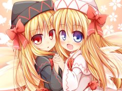 Rule 34 | 2girls, baku-p, black dress, blonde hair, blue eyes, blush, bow, capelet, dress, dual persona, fairy, fairy wings, female focus, hair bow, holding hands, hat, holding, interlocked fingers, lily black, lily white, long hair, long sleeves, looking at viewer, multiple girls, open mouth, pink dress, red eyes, sash, smile, touhou, wide sleeves, wings