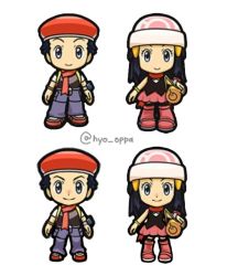 Rule 34 | 1boy, 1girl, bad id, bad twitter id, bag, beanie, black hair, black legwear, black shirt, boots, bracelet, chibi, closed mouth, commentary, creatures (company), dawn (pokemon), duffel bag, english commentary, game freak, grey eyes, hair ornament, hairclip, hat, hyo oppa, jewelry, long hair, looking at viewer, lucas (pokemon), multiple views, nintendo, orange headwear, pants, pink footwear, pink skirt, pokemon, pokemon bdsp, red footwear, red scarf, scarf, shirt, shoes, short hair, skirt, sleeveless, sleeveless shirt, smile, twitter username, white headwear, yellow bag