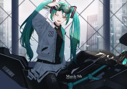 Rule 34 | 1girl, 39, absurdly long hair, absurdres, aqua eyes, aqua hair, artist name, artist request, black pants, black shirt, blue eyes, blue hair, blush, female focus, goggles, goggles on head, hatsune miku, highres, holding, holding goggles, jacket, long hair, looking at viewer, motor vehicle, motorcycle, one eye closed, open clothes, open jacket, outdoors, pants, parted lips, shiniinefoo, shirt, skirt, smile, solo, twintails, very long hair, vocaloid, white jacket, white skirt