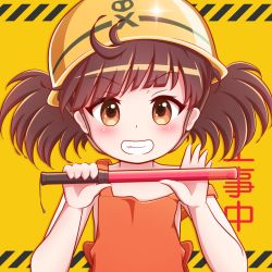 Rule 34 | 1girl, apron, text background, bare arms, bare shoulders, blush, brown apron, brown eyes, brown hair, commentary request, diagonal bangs, diagonal stripes, goth risuto, grin, hands up, hard hat, helmet, holding, looking at viewer, smile, solo, sound voltex, sound voltex ii infinite infection, strap slip, striped, striped background, traffic baton, translated, twintails, upper body, v-shaped eyebrows, yamashina kanade, yellow background, yellow headwear