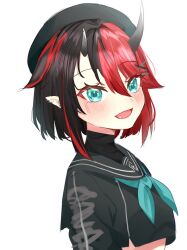Rule 34 | 1girl, absurdres, beret, black hair, black hat, black sailor collar, black serafuku, black shirt, blue eyes, blue neckerchief, blush, breasts, commentary request, crop top, demon girl, demon horns, ear piercing, hair between eyes, hair ornament, hat, highres, horns, long bangs, long sleeves, looking at viewer, looking to the side, ma~chabin, medium breasts, multicolored hair, nanashi inc., neckerchief, official alternate costume, open mouth, piercing, pointy ears, red hair, ryugasaki rene, ryugasaki rene (3rd costume), sailor collar, school uniform, serafuku, shirt, short hair, simple background, smile, solo, two-tone hair, upper body, virtual youtuber, white background, x hair ornament