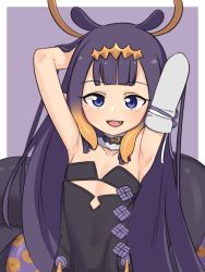Rule 34 | 1girl, :d, armpits, arms behind head, basukechi, black hair, blue eyes, blunt bangs, dress, fang, flat chest, gloves, highres, hololive, hololive english, long hair, mole, mole under eye, ninomae ina&#039;nis, ninomae ina&#039;nis (1st costume), open mouth, single glove, smile, solo, tentacle hair, tentacles, very long hair, virtual youtuber