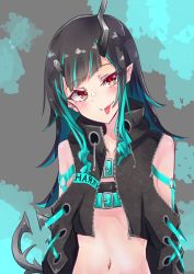 Rule 34 | 1girl, nanashi inc., belt, belt bra, black hair, black jacket, blue belt, blue hair, blush, chest belt, closed mouth, clothing cutout, commentary request, cropped jacket, cross-laced clothes, cross-laced sleeves, demon girl, demon horns, demon tail, fang, flat chest, haizanhei, highres, horns, jacket, long hair, long sleeves, looking at viewer, midriff, multicolored hair, navel, pointy ears, red eyes, shishio chris, shoulder cutout, smile, solo, sugar lyric, tail, tongue, tongue out, two-tone hair, upper body, virtual youtuber