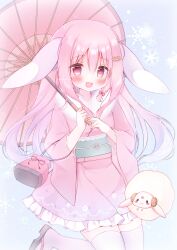 Rule 34 | 1girl, :d, animal ears, chinese zodiac, cowboy shot, hanasaki chiyu, hanasakichu, happy new year, highres, holding, holding umbrella, indie virtual youtuber, japanese clothes, moe (phrase), new year, oil-paper umbrella, open mouth, pink eyes, pink hair, pouch, rabbit ears, rabbit girl, sheep, smile, thighhighs, thighs, umbrella, virtual youtuber, year of the dragon