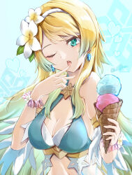 Rule 34 | 1girl, alternate hairstyle, aqua bikini, bikini, blonde hair, blue bikini, blue eyes, breasts, clear glass (mildmild1311), double scoop, earrings, feather trim, fire emblem, fire emblem heroes, fjorm (fire emblem), fjorm (summer) (fire emblem), flower, flower hairband, food, gradient hair, hair flower, hair ornament, highres, holding, holding food, holding ice cream, ice cream, ice cream cone, jewelry, long hair, looking at viewer, medium breasts, multicolored hair, nintendo, official alternate costume, open mouth, swimsuit, waffle cone