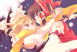 Rule 34 | 2girls, bare shoulders, blonde hair, blush, bow, brown hair, detached sleeves, eye contact, grin, hair bow, hair tubes, hakurei reimu, hat, hug, imminent kiss, kirisame marisa, large bow, long sleeves, looking at another, messy hair, multiple girls, scarf, shared clothes, shared scarf, smile, touhou, vest, wide sleeves, witch hat, yellow eyes, yonu (yonurime), yuri