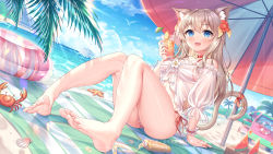 Rule 34 | 1girl, animal ear fluff, animal ears, bare legs, barefoot, beach, beach towel, beach umbrella, bikini, bikini under clothes, blue eyes, blush, brown hair, cat ears, cat girl, cat tail, chinese commentary, choker, commentary request, copyright request, crab, cup, day, feet, flower, food, fruit, full body, hair between eyes, hair flower, hair ornament, halterneck, holding, holding cup, innertube, knees up, long hair, long sleeves, lotion bottle, off-shoulder shirt, off shoulder, open mouth, outdoors, palm leaf, red choker, red flower, red ribbon, ribbon, sannio, shirt, side-tie bikini bottom, sitting, smile, soles, solo, string bikini, striped bikini, striped clothes, swim ring, swimsuit, tail, tail ornament, tail raised, tail ribbon, toes, towel, tropical drink, umbrella, virtual youtuber, watermelon, watermelon slice, white shirt