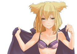 Rule 34 | 1girl, absurdres, bra, brown eyes, brown hair, cape, highres, kawayabug, lace, lace-trimmed bra, lace trim, looking at viewer, medium hair, pointy hair, purple bra, purple cape, removing cape, topless male, simple background, solo, touhou, toyosatomimi no miko, underwear, undressing, upper body, white background