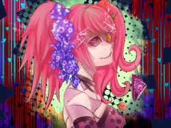 Rule 34 | 1girl, @ @, bare shoulders, black sclera, cake, candy, candy addict full course (vocaloid), choker, colored sclera, colorful, food, food-themed clothes, fruit, hair ornament, hatsune miku, heart, heterochromia, lollipop, pink eyes, pink hair, polka dot, ringed eyes, scar, shiba roken, solo, stitches, strawberry, striped, tsuneaki (dosnan), twintails, vocaloid, yellow eyes