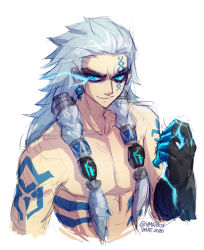 Rule 34 | 1boy, 2020, artist name, bare shoulders, blue hair, closed mouth, collarbone, commentary, english commentary, eyeshadow, forehead, glowing, glowing eye, glowing hand, hand up, humanization, league of legends, light blue hair, long bangs, long hair, makeup, male focus, simple background, sketch, solo, tattoo, toned, toned male, upper body, v-shaped eyebrows, vmat, volibear, white background