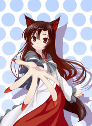 Rule 34 | 1girl, absurdres, animal ears, brown eyes, brown hair, fang, fingernails, foreshortening, highres, imaizumi kagerou, juoto, long fingernails, long hair, looking at viewer, nail polish, outstretched arm, polka dot, polka dot background, smile, solo, tail, touhou, wolf ears, wolf tail