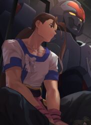 Rule 34 | 1boy, asagi (banzoku210), black pants, bow, brown eyes, brown hair, expressionless, fei fong wong, highres, indoors, long hair, male focus, mecha, pants, ponytail, robot, short sleeves, sitting, solo, twitter username, two-tone shirt, v arms, weltall, white bow, xenogears