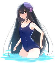 Rule 34 | 1girl, abc03219, adjusting clothes, adjusting swimsuit, bare arms, black hair, breasts, brown sweater, cleavage, closed mouth, collarbone, cowboy shot, flower, hair between eyes, hair flower, hair ornament, hat, highres, long hair, ophelia (vivy), purple flower, purple hat, school swimsuit, small breasts, solo, standing, sweater, swimsuit, very long hair, vivy: fluorite eye&#039;s song, wading