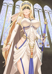 Rule 34 | 1girl, blindfold, blonde hair, breasts, detached sleeves, dress, goblin slayer!, hip focus, hip vent, jewelry, large breasts, lips, long hair, looking at viewer, necklace, no bra, no panties, smile, solo, staff, sword maiden, veil, white dress, window