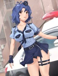 1girl antenna_hair armband belt belt_buckle bike_shorts_under_skirt black_belt black_shorts blue_armband blue_gloves blue_hair blue_hat blue_necktie blue_shirt blue_skirt breast_pocket breasts brown_eyes buckle building car chest_harness cleavage collarbone concept_police_(idolmaster) cowboy_shot cuffs dot_nose fingerless_gloves forehead garrison_cap garter_straps gloves hanamasa_ono handcuffs harness hat highres idolmaster idolmaster_million_live! idolmaster_million_live!_theater_days large_breasts looking_at_viewer loose_necktie motor_vehicle necktie official_alternate_costume open_collar open_mouth outdoors parted_bangs pocket police_car shirt short_hair short_sleeves shorts shoulder_boards skirt solo standing thigh_strap tilted_headwear toyokawa_fuka wavy_hair zipper zipper_pull_tab