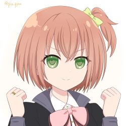 Rule 34 | &gt;:), 1girl, amamiya sophia seren, assault lily, black jacket, bow, bowtie, buttons, clenched hands, closed mouth, collared shirt, commentary request, crossed bangs, green bow, green eyes, hair between eyes, hair bow, hands up, highres, jacket, jewelry, looking at viewer, ludvico private girls&#039; academy school uniform, one side up, orange hair, piatin, pink bow, pink bowtie, portrait, ring, school uniform, shirt, short hair, smile, solo, twitter username, v-shaped eyebrows, white background, white shirt, yellow background