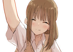 Rule 34 | 1girl, ^ ^, betock, brown hair, brown vest, buttons, closed eyes, collared shirt, highres, long hair, looking at viewer, original, ponytail, pov, school uniform, shirt, simple background, solo, sweater vest, vest, white background, white shirt