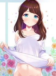 Rule 34 | 1girl, aqua eyes, atori, bare shoulders, blush, breasts, brown hair, closed mouth, clothes lift, collarbone, flower, lifting own clothes, long hair, long sleeves, looking at viewer, navel, off shoulder, original, out-of-frame censoring, pink flower, shirt, shirt lift, smile, solo, stomach, upper body, white shirt, yellow flower