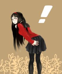Rule 34 | !, 1girl, :o, amagi yukiko, aran sweater, ass, atlus, black eyes, black hair, blush, breasts, cable knit, cardigan, flower, from behind, hairband, hand on own ass, long hair, looking back, md5 mismatch, monolio, pantyhose, persona, persona 4, resolution mismatch, school uniform, serafuku, small breasts, solo, source smaller, surprised, sweater
