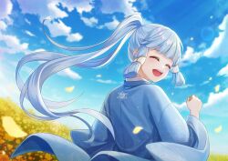 Rule 34 | 1girl, :d, ^ ^, ayaka (genshin impact), blue hair, blue kimono, blue sky, closed eyes, cloud, day, floating hair, flower, genshin impact, hair tubes, high ponytail, japanese clothes, kimono, long hair, long sleeves, miona yui, open mouth, outdoors, petals, sky, smile, solo, very long hair, wide sleeves, yellow flower