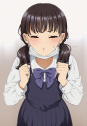Rule 34 | 1girl, blue dress, blush, bow, brown background, brown hair, closed eyes, collared shirt, dress, eyebrows hidden by hair, facing viewer, gradient background, incoming kiss, long hair, long sleeves, low twintails, mask, mask pull, mattaku mousuke, mouth mask, original, parted lips, pinafore dress, pleated dress, purple bow, school uniform, shirt, sleeveless, sleeveless dress, solo, surgical mask, trembling, twintails, twitter username, v-shaped eyebrows, white shirt