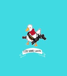 Rule 34 | aqua background, bird, bow, bullet, character name, commentary, english text, gon (imrower), goose, goose (untitled goose game), gun, holding, holding knife, knife, no humans, red bow, red neckwear, simple background, solo, standing, untitled goose game, weapon, weapon request