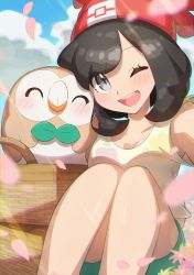 Rule 34 | 1girl, ;d, absurdres, basket, beanie, blush, brown hair, chromatic aberration, cloud, commentary request, creatures (company), day, eyelashes, floral print, game freak, gen 7 pokemon, green shorts, grey eyes, hat, highres, legs together, looking at viewer, nintendo, one eye closed, open mouth, outdoors, petals, pokemon, pokemon (creature), pokemon sm, red headwear, rowlet, selene (pokemon), shiny skin, shirt, short sleeves, shorts, sky, smile, t-shirt, taisa (lovemokunae), teeth, tongue, upper teeth only