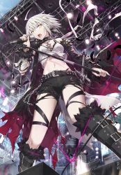 Rule 34 | 1girl, ahoge, bare shoulders, belt, black choker, black coat, black footwear, black shorts, boots, breasts, choker, coat, crop top, crop top overhang, detached sleeves, fate/grand order, fate (series), feathers, from below, fur trim, gabiran, highleg, holding, jeanne d&#039;arc (fate), jeanne d&#039;arc alter (avenger) (fate), jeanne d&#039;arc alter (fate), knee boots, leg ribbon, long sleeves, looking at viewer, medium breasts, microphone stand, midriff, navel, off shoulder, open clothes, open coat, open mouth, ribbon, shirt, short hair, short shorts, shorts, silver hair, sleeveless, sleeveless shirt, solo, standing, stomach, studded belt, thighs, torn clothes, torn shorts, v-shaped eyebrows, white shirt, yellow eyes