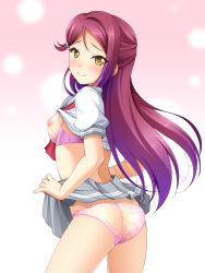 Rule 34 | 1girl, ass, blush, bra, breasts, closed mouth, clothes lift, commentary request, cowboy shot, from behind, gradient background, gradient hair, grey sailor collar, hair ornament, hairclip, highres, lifting own clothes, long hair, looking at viewer, looking back, love live!, love live! sunshine!!, medium breasts, multicolored hair, narutaki shin, neckerchief, nipples, panties, pink background, pink bra, pink panties, purple hair, red neckerchief, sailor collar, sakurauchi riko, school uniform, see-through, serafuku, shirt, shirt lift, short sleeves, sidelocks, skirt, skirt lift, smile, solo, underwear, uranohoshi school uniform, very long hair, white shirt, yellow eyes