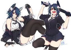 Rule 34 | bare shoulders, black legwear, blue hair, breasts, checkered clothes, checkered neckwear, collared shirt, dark blue hair, eyepatch, fang, fur-trimmed jacket, fur trim, gloves, headgear, holding, holding sword, holding weapon, jacket, jacket on shoulders, kantai collection, large breasts, crossed legs, legs up, looking at viewer, miniskirt, multiple views, necktie, nmz (namazu), open mouth, partially fingerless gloves, personification, pleated skirt, shirt, short hair, simple background, skirt, sleeveless, sword, sword behind back, tenryuu (kancolle), weapon, white background, yellow eyes