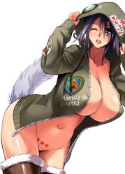 Rule 34 | 1girl, animal ears, bad id, bad twitter id, breasts, brown thighhighs, emblem, fur trim, gen (black factory), highres, hood, hoodie, huge breasts, jpeg artifacts, large breasts, long hair, naked hoodie, navel, one eye closed, open clothes, open hoodie, open mouth, purple eyes, purple hair, ranguage, russian text, simple background, smile, solo, star (symbol), tail, tattoo, thighhighs, white background, wink