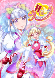 Rule 34 | 2girls, :d, blonde hair, blunt bangs, bow, cheerful style, closed mouth, cure amour, cure amour (cheerful style), cure macherie, cure macherie (cheerful style), elbow gloves, floating hair, footwear bow, gloves, hair bow, hanzou, hugtto! precure, layered skirt, long hair, looking at viewer, miniskirt, multiple girls, open mouth, precure, purple eyes, red bow, red eyes, red footwear, red ribbon, ribbon, ribbon-trimmed legwear, ribbon trim, see-through, shirt, shoes, short sleeves, silver hair, skirt, smile, sparkle, thighhighs, twintails, very long hair, white gloves, white legwear, white shirt
