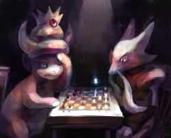 Rule 34 | alakazam, board game, chair, chess, chess piece, chessboard, colored skin, creatures (company), crown, dark, facial hair, floating, game freak, gem, gen 1 pokemon, gen 2 pokemon, glitchedpuppet, glowing, hand on head, horns, indoors, light, mustache, nintendo, no humans, nostrils, pink skin, playing games, pokemon, pokemon (creature), serious, signature, sitting, slowking, table, telekinesis