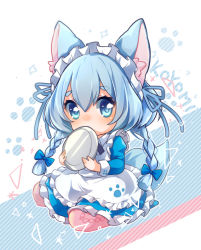 Rule 34 | 1girl, alternate costume, animal ear fluff, animal ears, apron, blue bow, blue eyes, blue hair, bow, braid, character name, covered mouth, firuo (king fish), hair between eyes, hair bow, holding, holding plate, koyomi (shironeko project), light blue hair, looking at viewer, maid, maid apron, maid headdress, paw print, pink legwear, plate, shironeko project, sitting, solo, tail, thick eyebrows, twin braids, wariza, wolf ears, wolf girl, wolf tail
