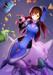 Rule 34 | 1girl, absurdres, animal print, arm up, armor, blue bodysuit, bodysuit, boots, bracer, breasts, brown eyes, brown hair, charm (object), chips (food), closed mouth, cowboy shot, d.va (overwatch), doritos, drinking straw, eyelashes, facepaint, facial mark, finger on trigger, food, gloves, gun, hand up, handgun, headphones, high collar, highres, holding, holding gun, holding weapon, lochris, long hair, long sleeves, looking at viewer, matching hair/eyes, mecha, medium breasts, meka (overwatch), mountain dew, overwatch, overwatch 1, pauldrons, pilot suit, pointing, rabbit print, ribbed bodysuit, robot, shoulder armor, shoulder pads, skin tight, smile, solo, spilling, thigh boots, thigh gap, thigh strap, thighhighs, turtleneck, weapon, whisker markings, white footwear, white gloves