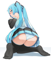Rule 34 | 1girl, abmayo, aqua eyes, aqua hair, black thighhighs, commentary request, detached sleeves, from behind, full body, hair ornament, hatsune miku, highres, kneeling, looking at viewer, looking back, no shoes, open mouth, panties, pleated skirt, shirt, short hair, simple background, skirt, soles, solo, striped clothes, striped panties, thighhighs, twintails, underwear, vocaloid, white background