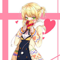 Rule 34 | 1girl, absurdres, black ribbon, blonde hair, blue skirt, blush, box, braid, buttons, coat, covering own mouth, fur trim, gift, gift box, girls&#039; frontline, green eyes, heart, heart-shaped box, high-waist skirt, highres, hokaru, holding, holding gift, hood, hood down, hooded coat, long sleeves, looking at viewer, neck ribbon, one side up, open clothes, open coat, pom pom (clothes), ribbon, short hair, skirt, sleeves past wrists, solo, tsurime, two-tone background, unbuttoned, upper body, welrod mkii (girls&#039; frontline)