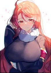 Rule 34 | 1girl, ahoge, arm under breasts, armband, black shirt, blush, breasts, earrings, female focus, hand on own head, huge breasts, jewelry, large breasts, long hair, long sleeves, looking at viewer, magicami, ohtori aka, red eyes, red hair, saidasai, shirt, sidelocks, smile, solo, sweater, white sweater